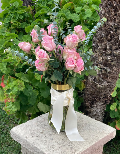 Pink Roses and Baby Blue Eucalyptus floral design by local florist and flower delivery Bloom Parlor